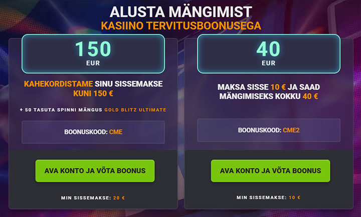 Coolbeti kasiino boonus - 100% kuni 150 eurot, boonuskood CME või 30 eurot boonusraha - boonuskood CME2.