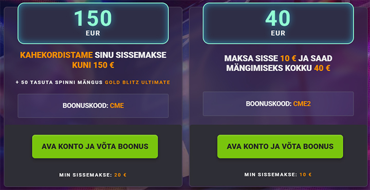 Coolbeti boonuse pakkumine - valikuks 100% kuni 150 eurot ja 150 tasuta spinni (boonuskood CME) või 10 sissemaksel kontol 40 eurot (boonuskood CME2).