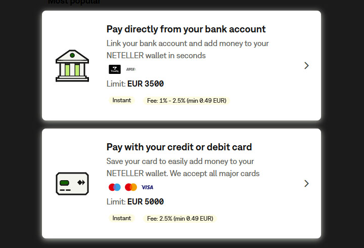 Netelleri sissemaksed on kohesed, kui kasutada Trustly (pangalingid, esimene soovitus) või krediitkaardi (kui ei ole võimalik pangalinke kasutada). 