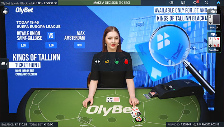 OlyBet Sports Blackjack - saab mängida netis OlyBetis. Selleks ava OlyBeti veebileht ja vali LIVE KASIINO > OlyBet Sports Blackjack. 