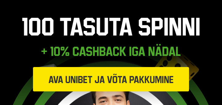 Unibeti pakkumine liitumisel: 100 tasuta spinni ja 10% cashbacki 