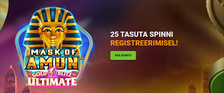 Kasuta boonuskoodi WELCOMEAMUN ja saad Coolbeti konto avamisel 25 tasuta spinni mängus Mask of Amun.