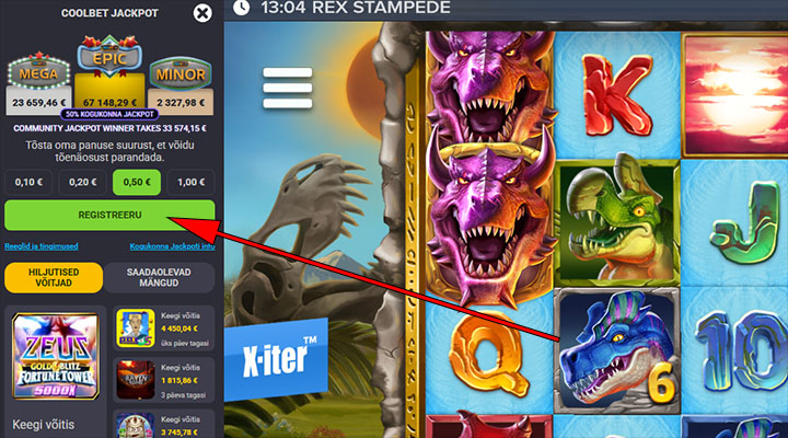 Lihtsalt ava suvaline slot ja iga sloti kõrval on Coolbeti Jackpoti tabloo, kus saab registreeruda ja valida, kui palju panustad jackpoti fondi iga spinniga.