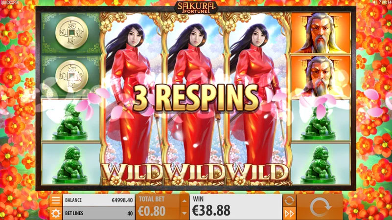 Sakura Fortune slotimängu "Respins featuur" - aktiveerub, kui ilmub kolm täispikka wild-sümbolit ja annab kolm lisakeerutust.